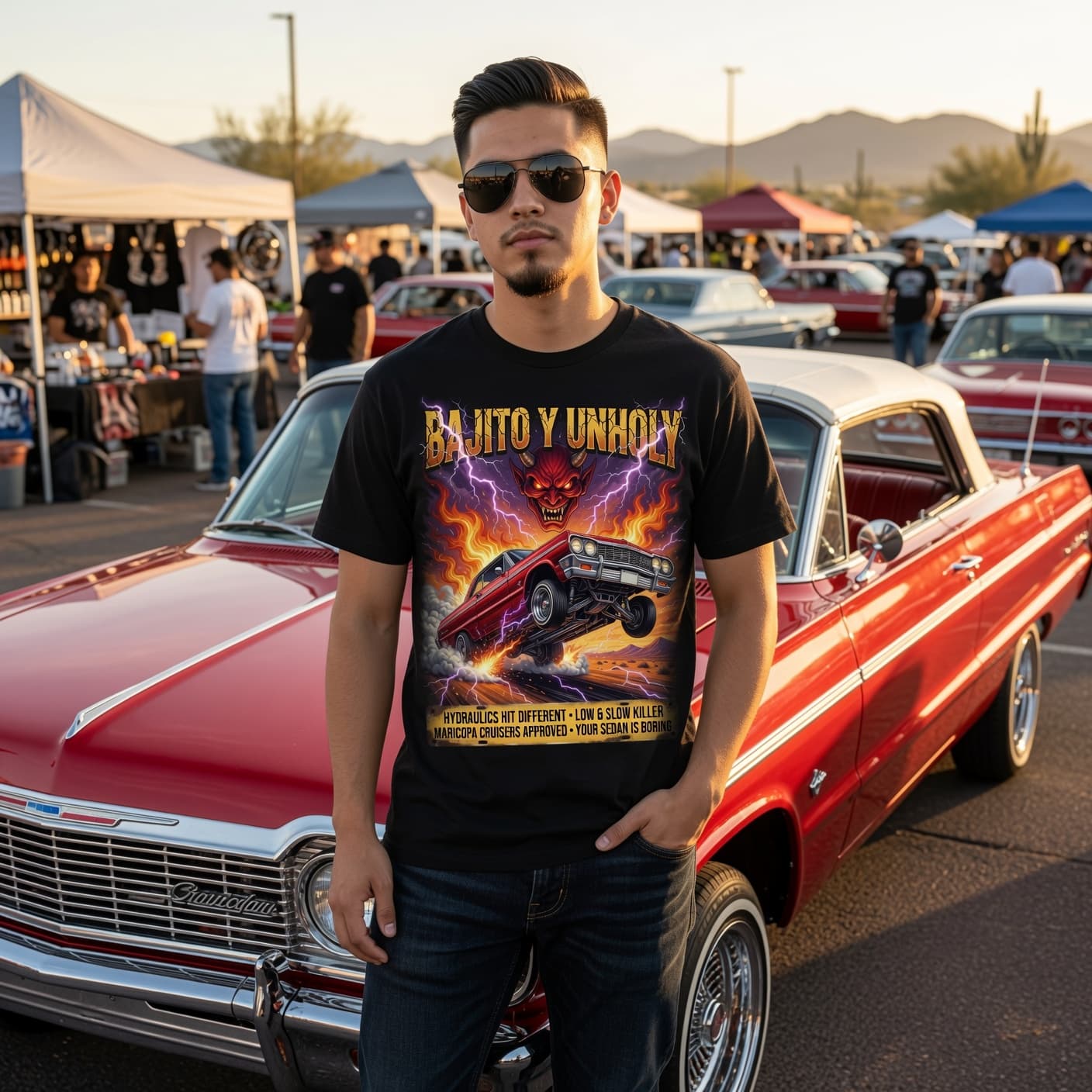 Customer wearing a custom car graphic tee next to their hotrod