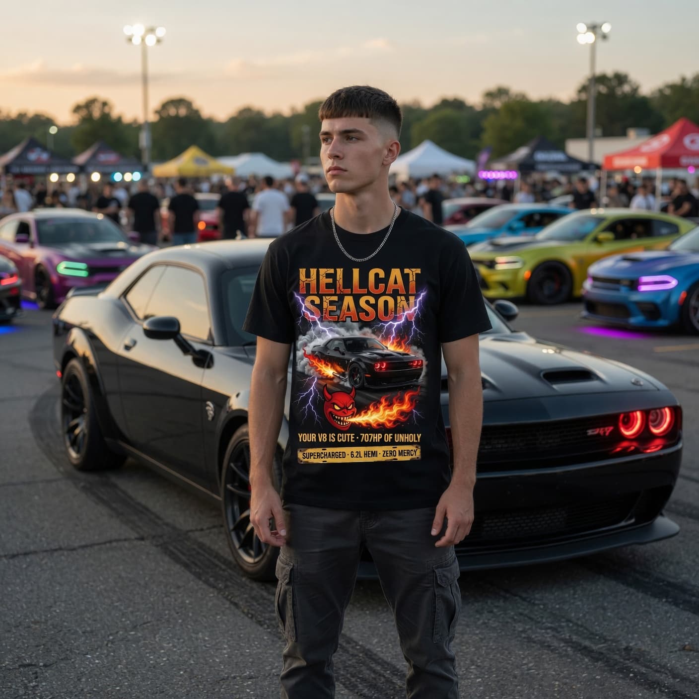 Customer wearing a custom sports car tee standing beside their ride